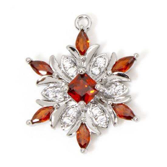 Bild von 1 Stück Umweltfreundlich Messing Weihnachten Charms Echt Platin plattiert Weihnachten Schneeflocke Klar Zirkonia Rot Strass 20,5mm x 16mm