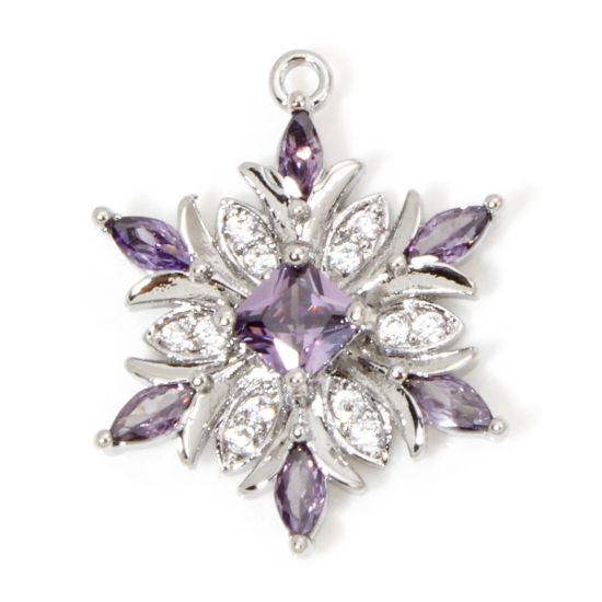 Bild von 1 Stück Umweltfreundlich Messing Weihnachten Charms Echt Platin plattiert Weihnachten Schneeflocke Klar Zirkonia Amethyst Strass 20,5mm x 16mm