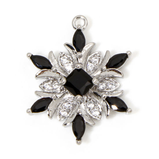 Bild von 1 Stück Umweltfreundlich Messing Weihnachten Charms Echt Platin plattiert Weihnachten Schneeflocke Klar Zirkonia Schwarz Strass 20,5mm x 16mm