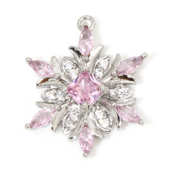 Bild von 1 Stück Umweltfreundlich Messing Weihnachten Charms Echt Platin plattiert Weihnachten Schneeflocke Klar Zirkonia Rosa Strass 20,5mm x 16mm