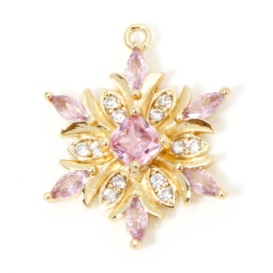 Bild von 1 Stück Umweltfreundlich Messing Weihnachten Charms 18K Echtgold plattiert Weihnachten Schneeflocke Klar Zirkonia Rosa Strass 20,5mm x 16mm