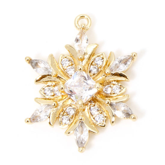 Bild von 1 Stück Umweltfreundlich Messing Weihnachten Charms 18K Echtgold plattiert Weihnachten Schneeflocke Klar Zirkonia Transparent Strass 20,5mm x 16mm