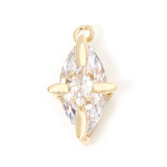 Image de 5 Pcs Breloques en Laiton Respectueux de la Nature Marquise Plaqué Or Véritable 18K Croix à Strass Transparent 18.5mm x 15mm