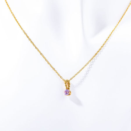 Picture of 1 Piece Vacuum Plating 304 Stainless Steel Birthstone Link Cable Chain Pendant Necklace 18K Real Gold Plated February Purple Rhinestone 45cm(17.7") long