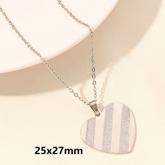 Picture of 1 Piece 304 Stainless Steel Valentine's Day Link Cable Chain Pendant Necklace Silver Tone Heart 40cm(15.7") long