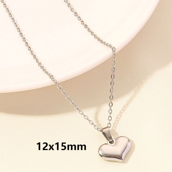 Picture of 1 Piece 304 Stainless Steel Valentine's Day Link Cable Chain Pendant Necklace Silver Tone Heart 40cm(15.7") long