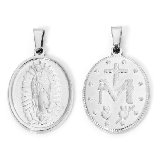 Изображение 2 ШТ 304 Нержавеющая Сталь Подвески Овальные Серебряный Тон Богородица 3.2см x 1.9см