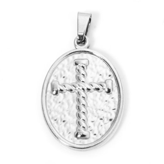 Изображение 2 ШТ 304 Нержавеющая Сталь Подвески Овальные Серебряный Тон Крест 3.2см x 1.8см