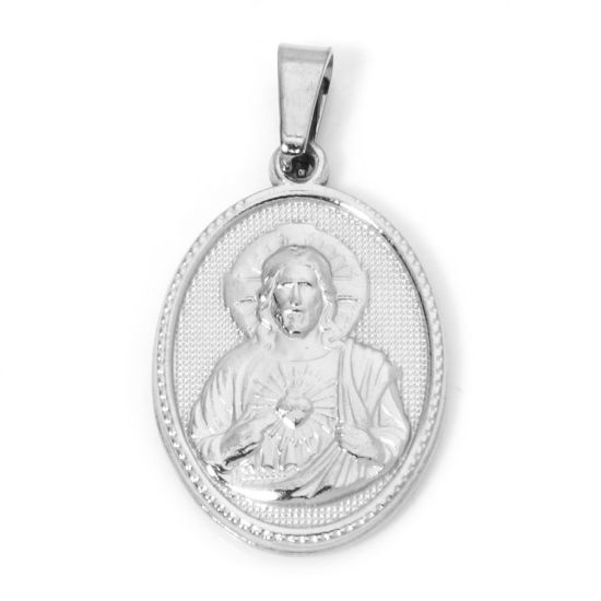 Изображение 2 ШТ 304 Нержавеющая Сталь Подвески Овальные Серебряный Тон Иисус Христос 3см x 1.6см