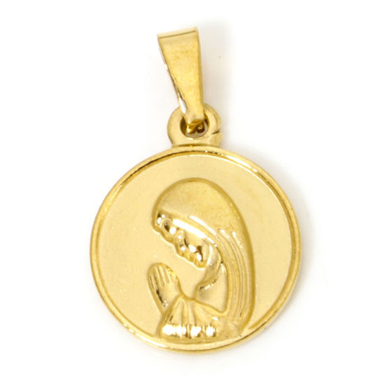 Image de 2 Pcs Pendentif Breloque en 304 Acier Inoxydable Placage sous Vide Religieux Rond Plaqué Or 18K Sainte Vierge Marie 24mm x 15mm