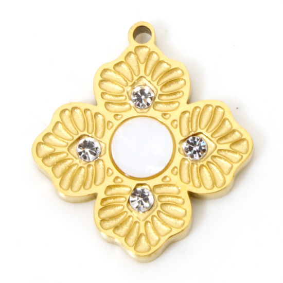 Picture of 2 PCs Vacuum Plating 304 Stainless Steel & Natural Shell Charms 18K Gold Plated White Flower 15mm x 14mm