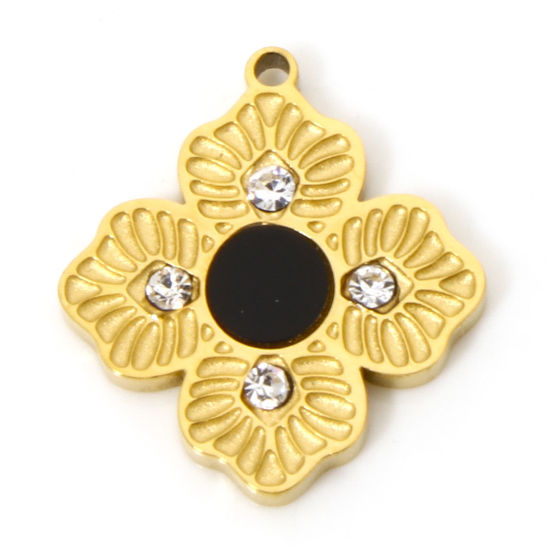 Picture of 2 PCs Vacuum Plating 304 Stainless Steel & Natural Shell Charms 18K Gold Plated Black Flower 15mm x 14mm