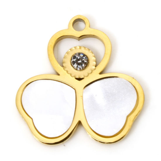 Picture of 2 PCs Vacuum Plating 304 Stainless Steel & Natural Shell Charms 18K Gold Plated White Heart 15mm x 15mm