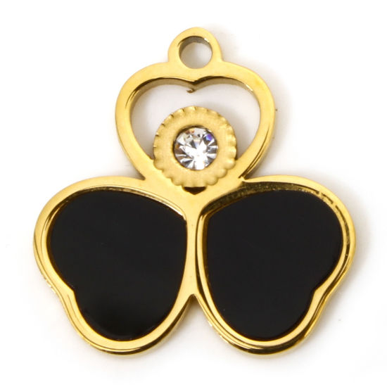 Picture of 2 PCs Vacuum Plating 304 Stainless Steel & Natural Shell Charms 18K Gold Plated Black Heart 15mm x 15mm