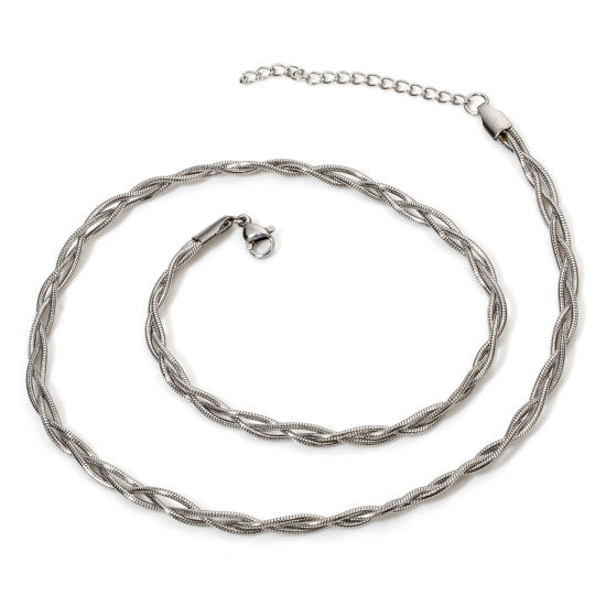 Picture of 1 Piece 304 Stainless Steel Weave Braided Snake Chain Necklace For DIY Jewelry Making Silver Tone 45cm(17.7") long, Chain Size: 4mm