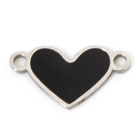 Изображение 2 ШТ Экологичный 304 Нержавеющая Сталь День святого Валентина Соединители Подвески Подвески Сердце Серебряный Тон Черный С Эмалью 16мм x 8.5мм
