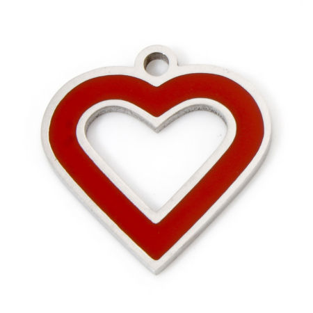 Picture of 2 PCs Eco-friendly 304 Stainless Steel Valentine's Day Charms Silver Tone Red Heart Circle Ring Enamel 16.5mm x 16mm