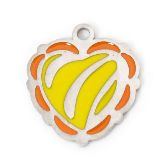 Изображение 2 ШТ Экологичный 304 Нержавеющая Сталь День святого Валентина Подвески Сердце Серебряный Тон Оранжевый + жёлтый С Эмалью 16.5мм x 15мм
