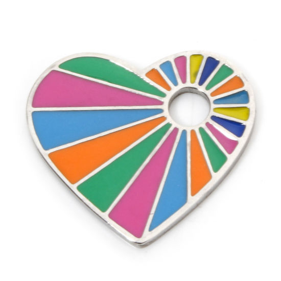 Изображение 2 ШТ Экологичный 304 Нержавеющая Сталь День святого Валентина Подвески Сердце Серебряный Тон Разноцветный С Эмалью 20мм x 18мм