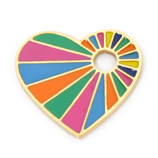Image de 2 Pcs Breloques en 304 Acier Inoxydable Placage sous Vide La Saint Valentin Cœur Doré Multicolore Émail 20mm x 18mm