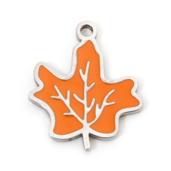 Picture of 2 PCs Eco-friendly 304 Stainless Steel Pastoral Style Charms Silver Tone Orange Maple Leaf Enamel 15.5mm x 13.5mm