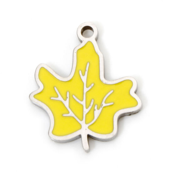 Picture of 2 PCs Eco-friendly 304 Stainless Steel Pastoral Style Charms Silver Tone Yellow Maple Leaf Enamel 15.5mm x 13.5mm