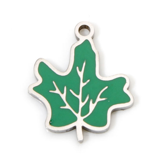 Picture of 2 PCs Eco-friendly 304 Stainless Steel Pastoral Style Charms Silver Tone Green Maple Leaf Enamel 15.5mm x 13.5mm