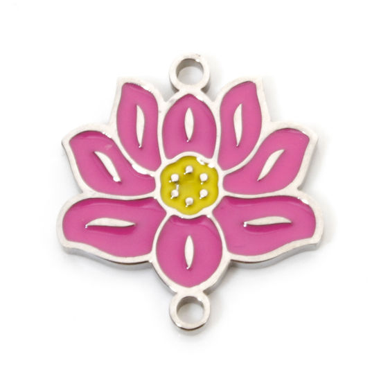 Picture of 2 PCs Eco-friendly 304 Stainless Steel Pastoral Style Connectors Charms Pendants Silver Tone Fuchsia Lotus Flower Enamel 16mm x 15mm