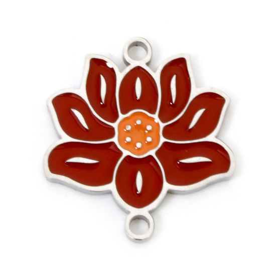 Picture of 2 PCs Eco-friendly 304 Stainless Steel Pastoral Style Connectors Charms Pendants Silver Tone Wine Red Lotus Flower Enamel 16mm x 15mm