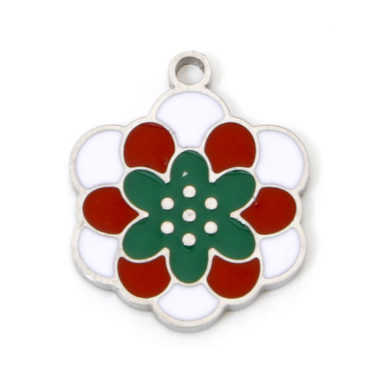 Picture of 2 PCs Eco-friendly 304 Stainless Steel Pastoral Style Charms Silver Tone Multicolor Flower Enamel 17.5mm x 14.5mm