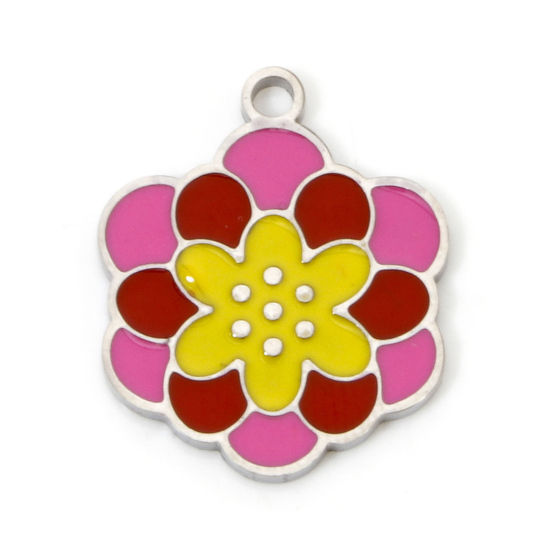 Picture of 2 PCs Eco-friendly 304 Stainless Steel Pastoral Style Charms Silver Tone Multicolor Flower Enamel 17.5mm x 14.5mm