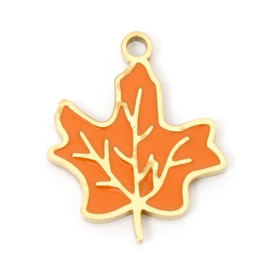 Picture of 2 PCs Vacuum Plating 304 Stainless Steel Pastoral Style Charms Gold Plated Orange Maple Leaf Enamel 15.5mm x 13.5mm