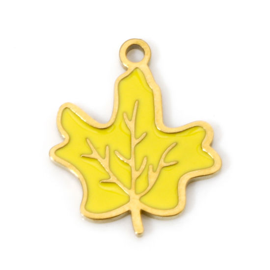 Picture of 2 PCs Vacuum Plating 304 Stainless Steel Pastoral Style Charms Gold Plated Yellow Maple Leaf Enamel 15.5mm x 13.5mm