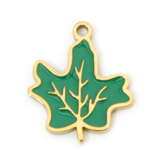 Picture of 2 PCs Vacuum Plating 304 Stainless Steel Pastoral Style Charms Gold Plated Green Maple Leaf Enamel 15.5mm x 13.5mm