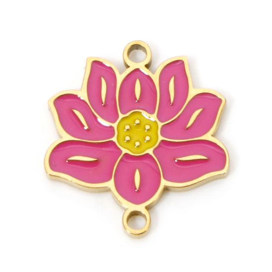 Picture of 2 PCs Vacuum Plating 304 Stainless Steel Pastoral Style Connectors Charms Pendants Gold Plated Fuchsia Lotus Flower Enamel 16mm x 15mm