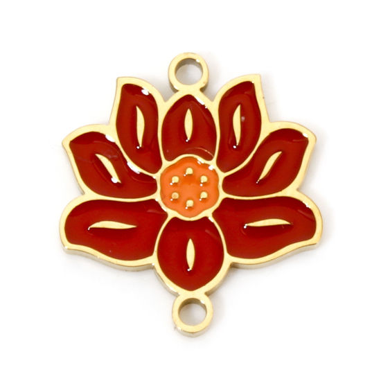 Picture of 2 PCs Vacuum Plating 304 Stainless Steel Pastoral Style Connectors Charms Pendants Gold Plated Wine Red Lotus Flower Enamel 16mm x 15mm