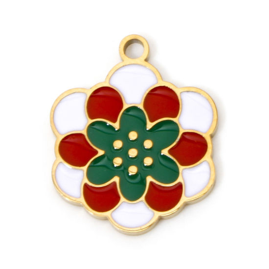 Picture of 2 PCs Vacuum Plating 304 Stainless Steel Pastoral Style Charms Gold Plated Multicolor Flower Enamel 17.5mm x 14.5mm