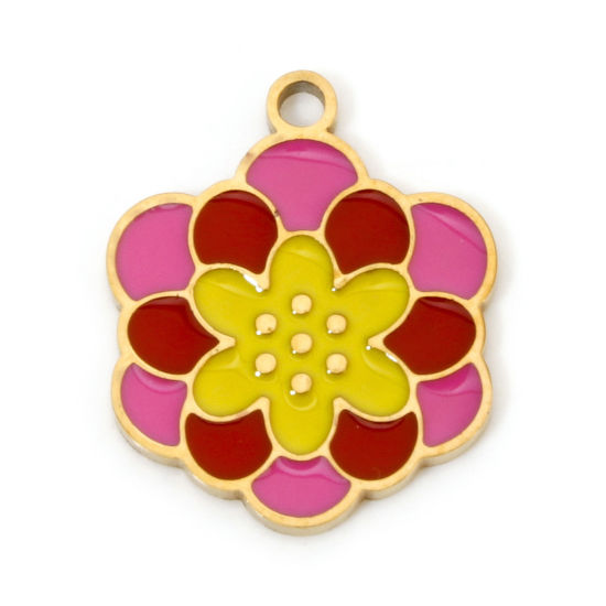 Picture of 2 PCs Vacuum Plating 304 Stainless Steel Pastoral Style Charms Gold Plated Multicolor Flower Enamel 17.5mm x 14.5mm