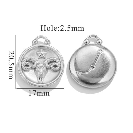 Picture of 5 PCs 304 Stainless Steel Charms Silver Tone Round Aries Sign Of Zodiac Constellations 20.5mm x 17mm