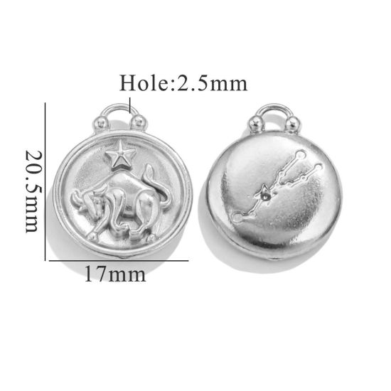 Picture of 5 PCs 304 Stainless Steel Charms Silver Tone Round Taurus Sign Of Zodiac Constellations 20.5mm x 17mm