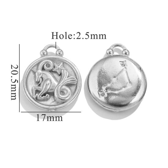 Picture of 5 PCs 304 Stainless Steel Charms Silver Tone Round Capricornus Sign Of Zodiac Constellations 20.5mm x 17mm