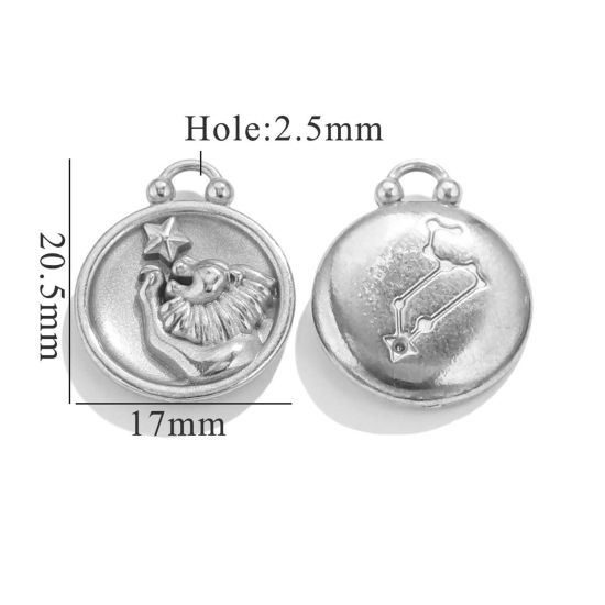 Picture of 5 PCs 304 Stainless Steel Charms Silver Tone Round Leo Sign Of Zodiac Constellations 20.5mm x 17mm