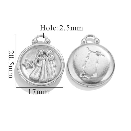 Picture of 5 PCs 304 Stainless Steel Charms Silver Tone Round Gemini Sign Of Zodiac Constellations 20.5mm x 17mm