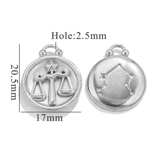 Picture of 5 PCs 304 Stainless Steel Charms Silver Tone Round Libra Sign Of Zodiac Constellations 20.5mm x 17mm