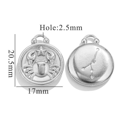 Picture of 5 PCs 304 Stainless Steel Charms Silver Tone Round Cancer Sign Of Zodiac Constellations 20.5mm x 17mm