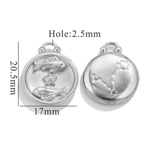 Picture of 5 PCs 304 Stainless Steel Charms Silver Tone Round Pisces Sign Of Zodiac Constellations 20.5mm x 17mm