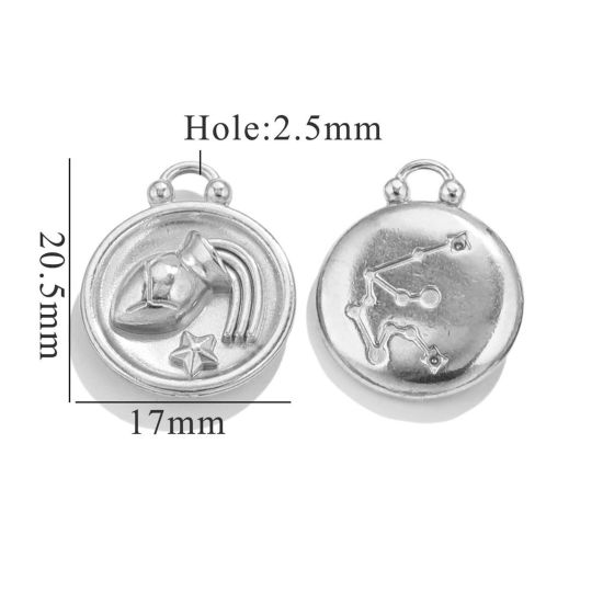 Picture of 5 PCs 304 Stainless Steel Charms Silver Tone Round Aquarius Sign Of Zodiac Constellations 20.5mm x 17mm