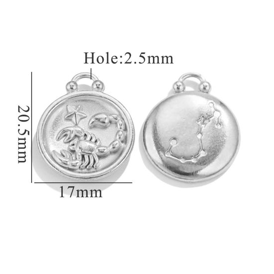 Picture of 5 PCs 304 Stainless Steel Charms Silver Tone Round Scorpio Sign Of Zodiac Constellations 20.5mm x 17mm