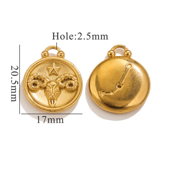 Picture of 5 PCs 304 Stainless Steel Charms 18K Gold Plated Round Aries Sign Of Zodiac Constellations 20.5mm x 17mm