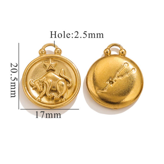 Picture of 5 PCs 304 Stainless Steel Charms 18K Gold Plated Round Taurus Sign Of Zodiac Constellations 20.5mm x 17mm